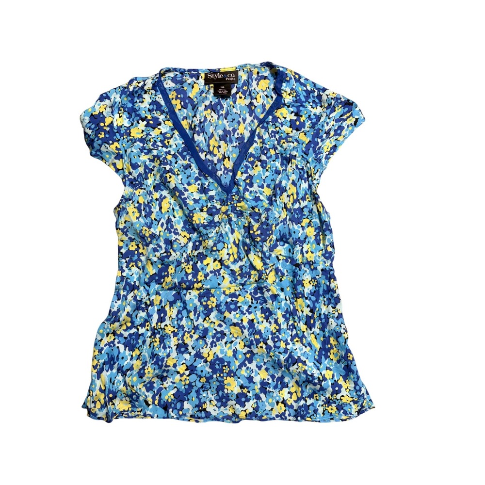 Style & Co 100% Silk Floral Blouse 12P Petite Blue Yellow V Neck Ruffle Y2K